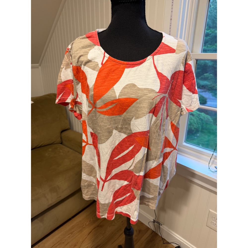 Chicos Womens Size 3 Large XL Orange Tan White Leaf Print Cotton Slub T-Shirt